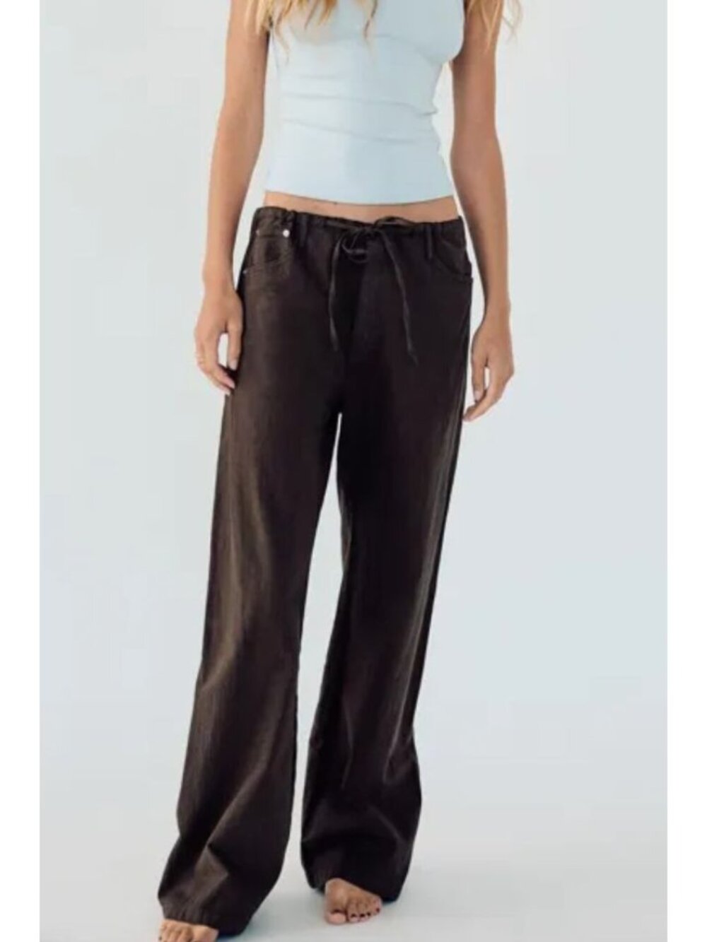 Zara Black Linen Brown Straight Leg Drawstring Pants size 2